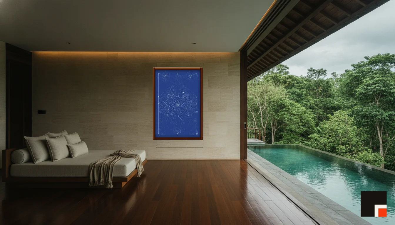 A Lumen & Logic artwork hanging in a Balinese hotel interior — Open-air pavilion · Ubud