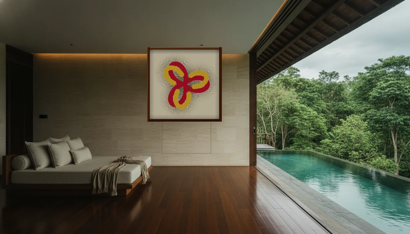 A Lumen & Logic artwork hanging in a Balinese hotel interior — Open-air pavilion · Ubud