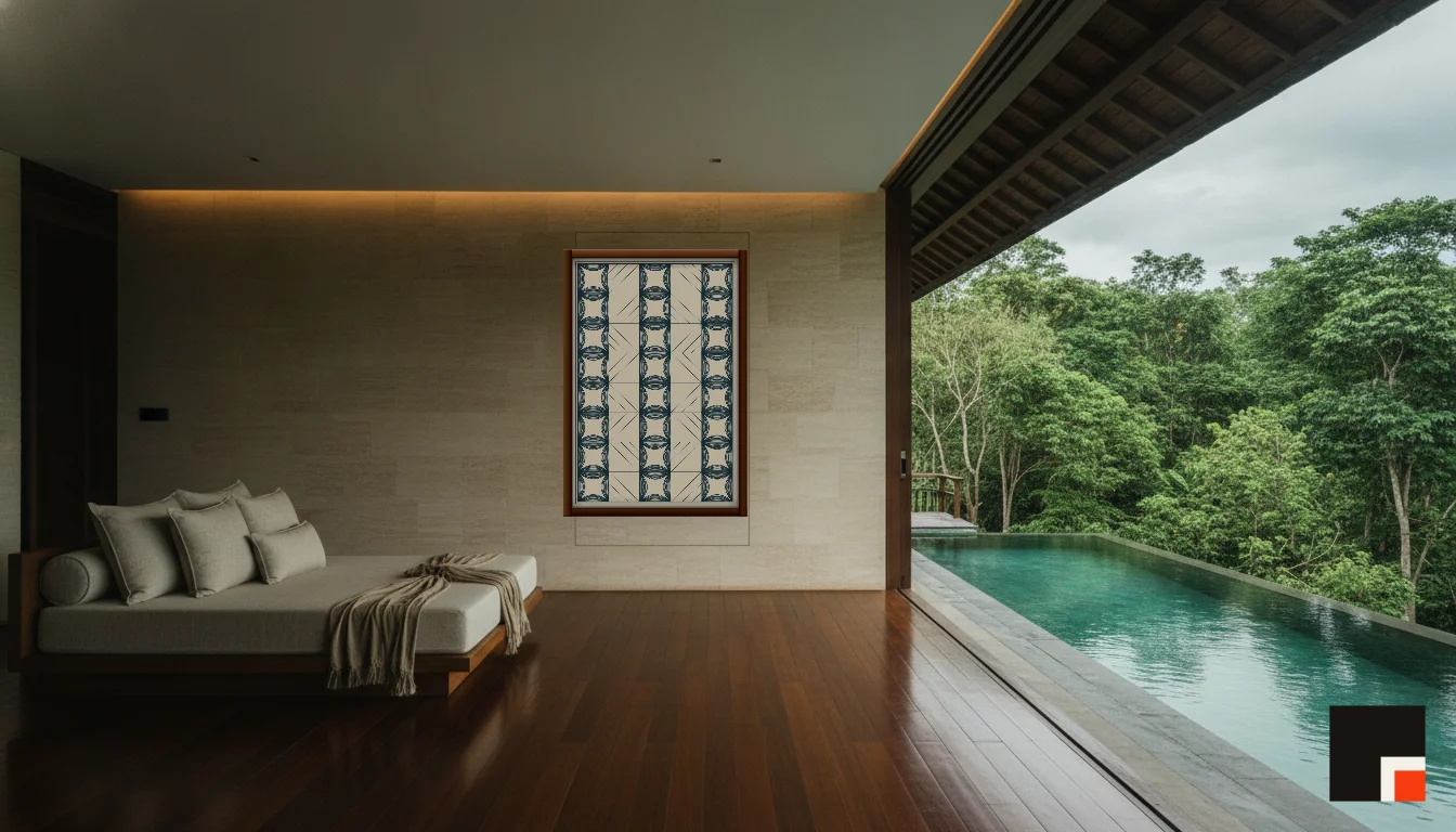 A Lumen & Logic artwork hanging in a Balinese hotel interior — Open-air pavilion · Ubud