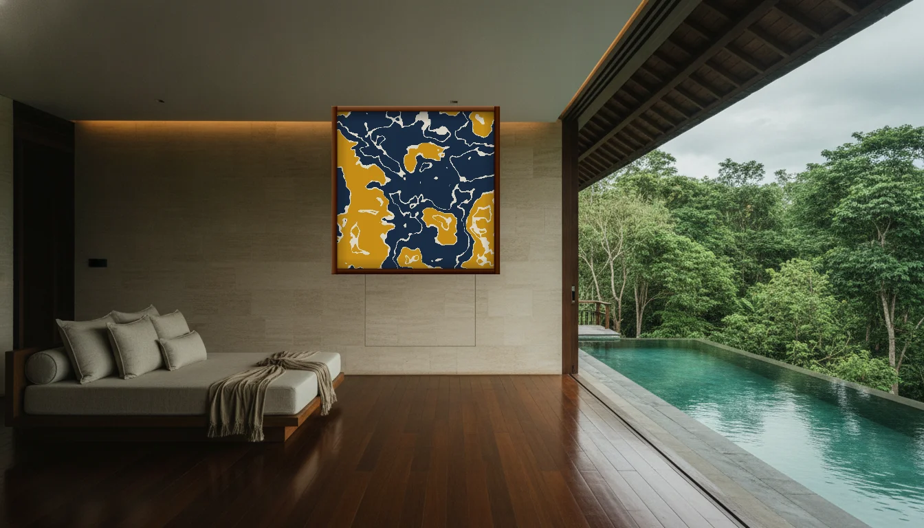 A Lumen & Logic artwork hanging in a Balinese hotel interior — Open-air pavilion · Ubud