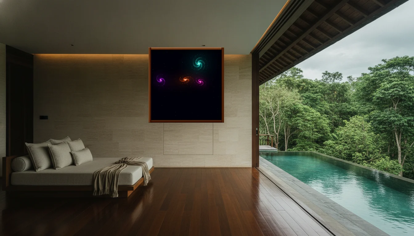 A Lumen & Logic artwork hanging in a Balinese hotel interior — Open-air pavilion · Ubud