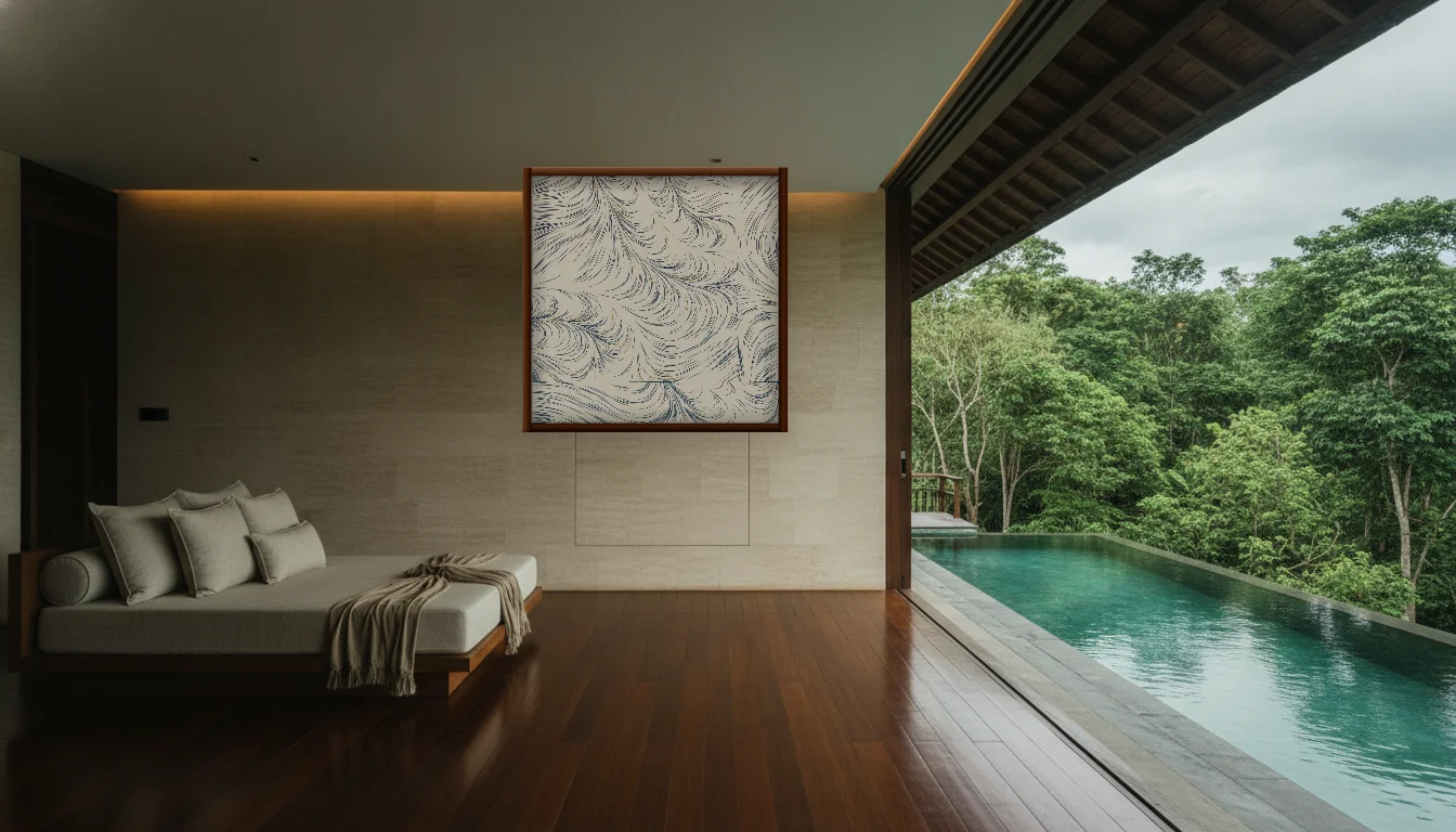 A Lumen & Logic artwork hanging in a Balinese hotel interior — Open-air pavilion · Ubud