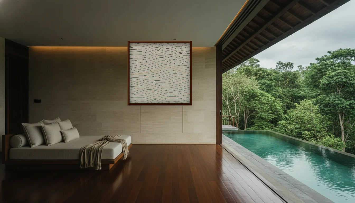 A Lumen & Logic artwork hanging in a Balinese hotel interior — Open-air pavilion · Ubud