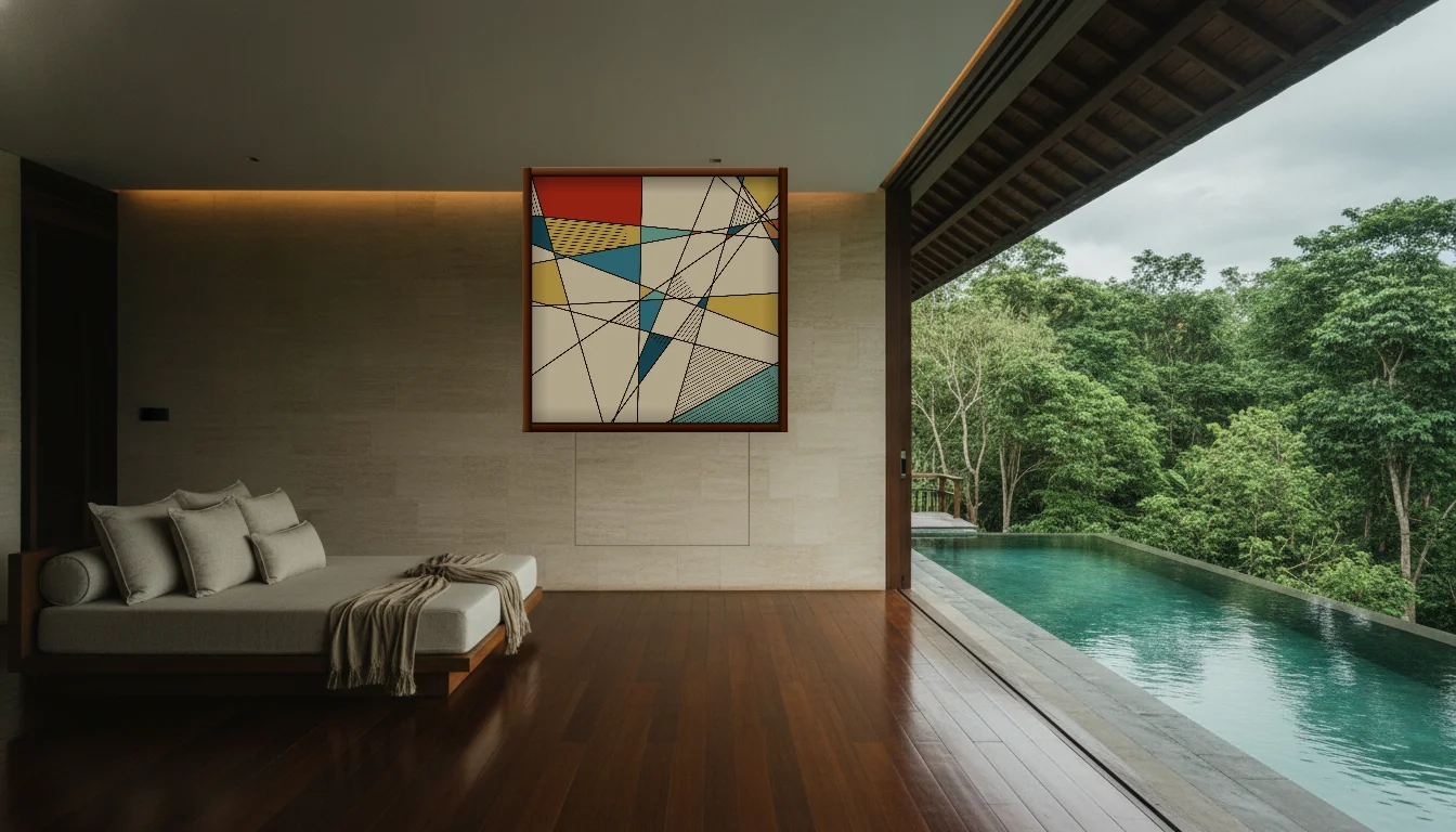 A Lumen & Logic artwork hanging in a Balinese hotel interior — Open-air pavilion · Ubud