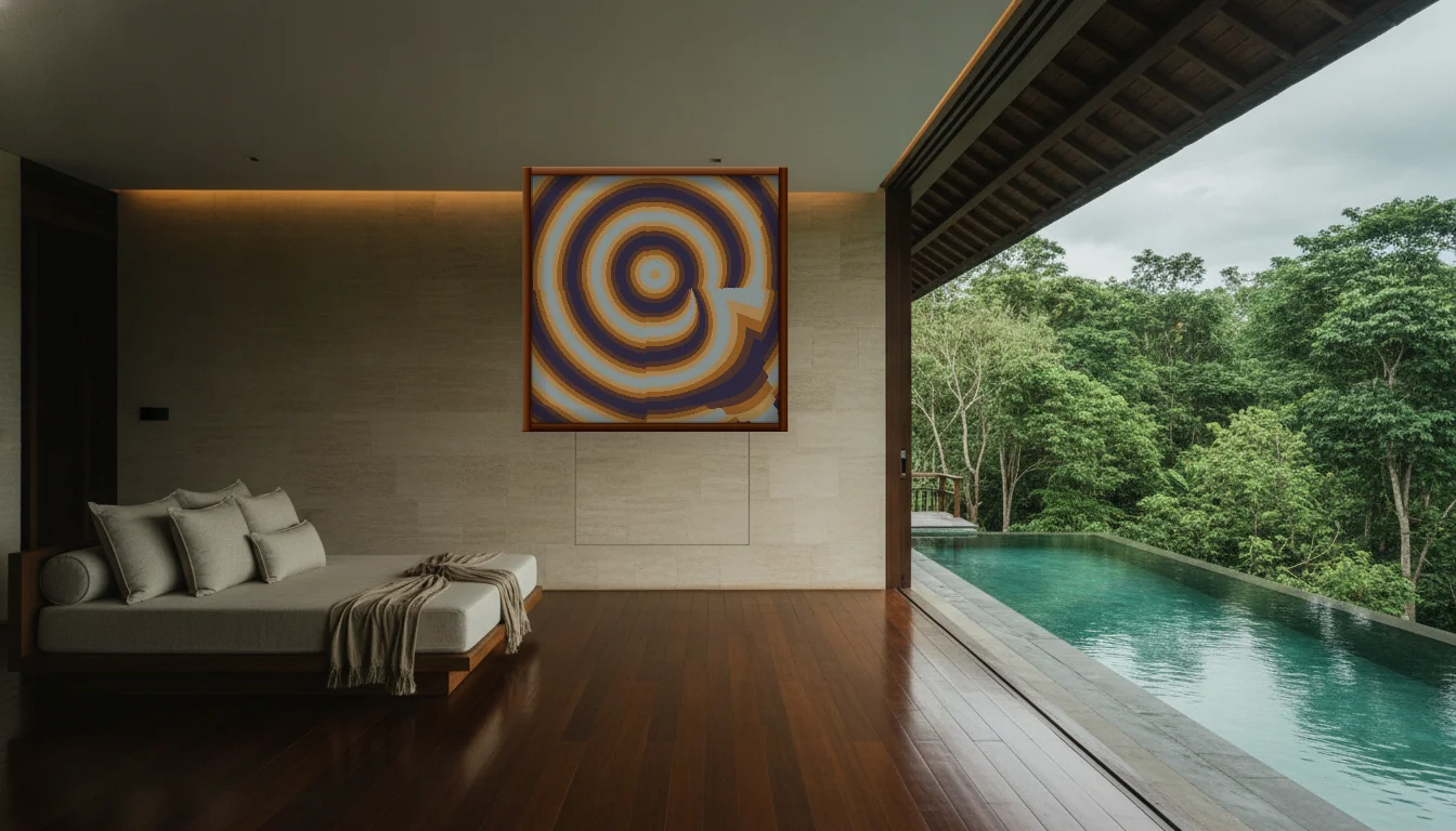 A Lumen & Logic artwork hanging in a Balinese hotel interior — Open-air pavilion · Ubud