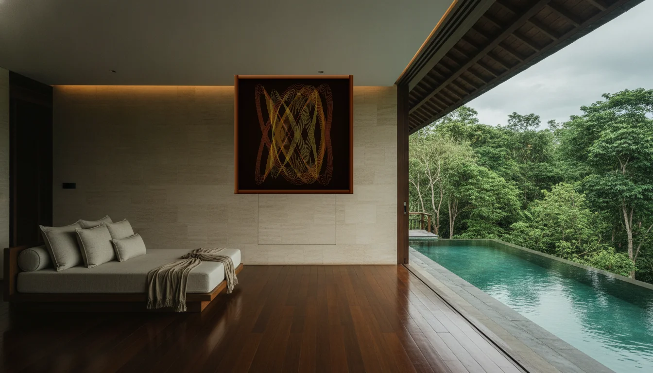 A Lumen & Logic artwork hanging in a Balinese hotel interior — Open-air pavilion · Ubud
