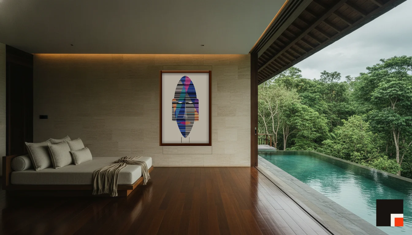 A Lumen & Logic artwork hanging in a Balinese hotel interior — Open-air pavilion · Ubud