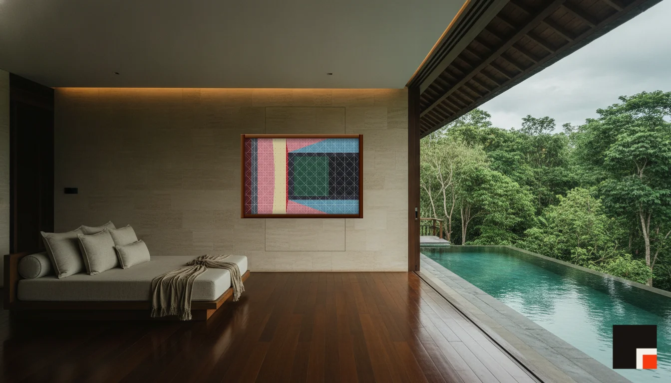 A Lumen & Logic artwork hanging in a Balinese hotel interior — Open-air pavilion · Ubud
