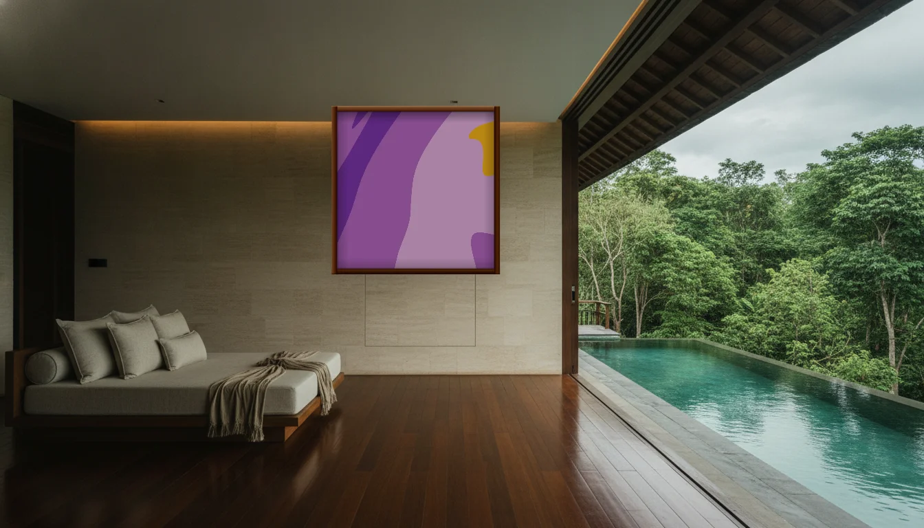 A Lumen & Logic artwork hanging in a Balinese hotel interior — Open-air pavilion · Ubud
