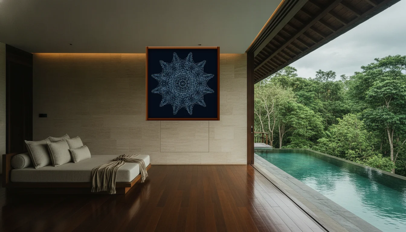 A Lumen & Logic artwork hanging in a Balinese hotel interior — Open-air pavilion · Ubud