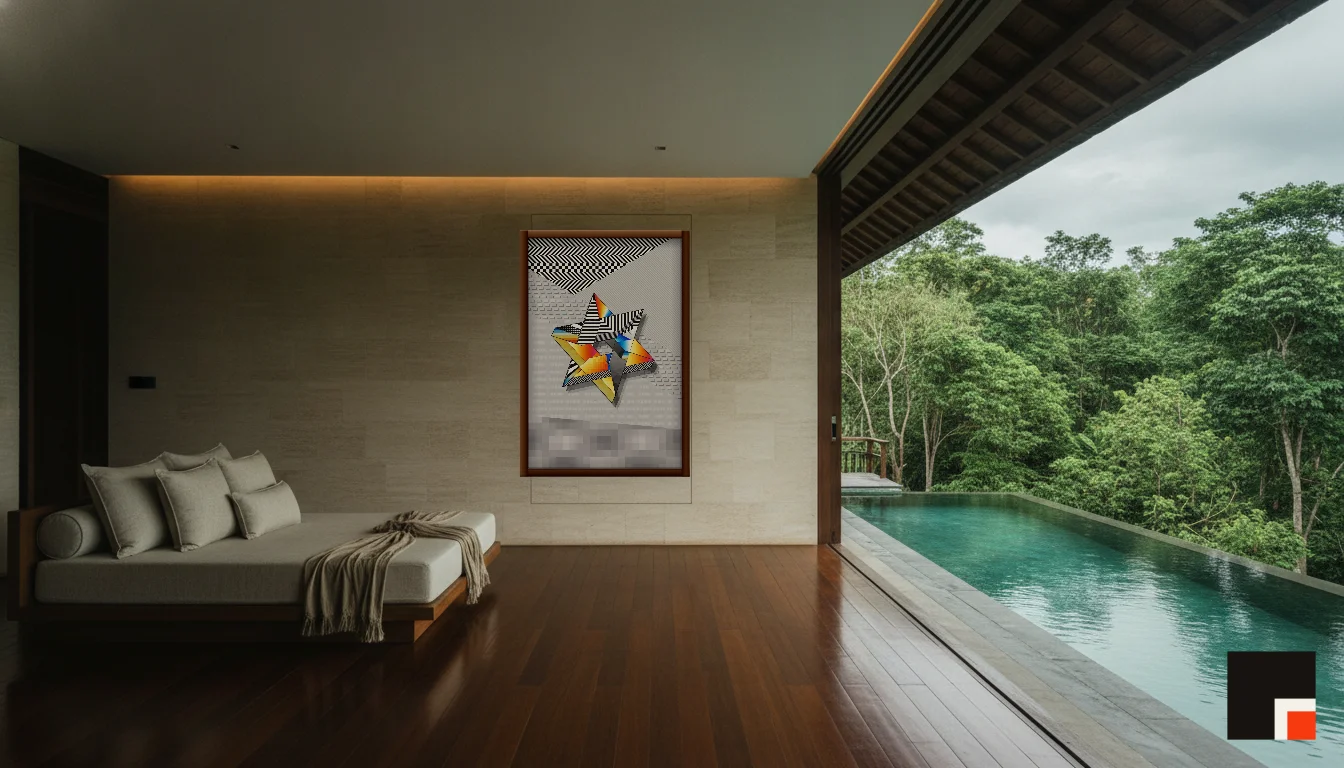 A Lumen & Logic artwork hanging in a Balinese hotel interior — Open-air pavilion · Ubud