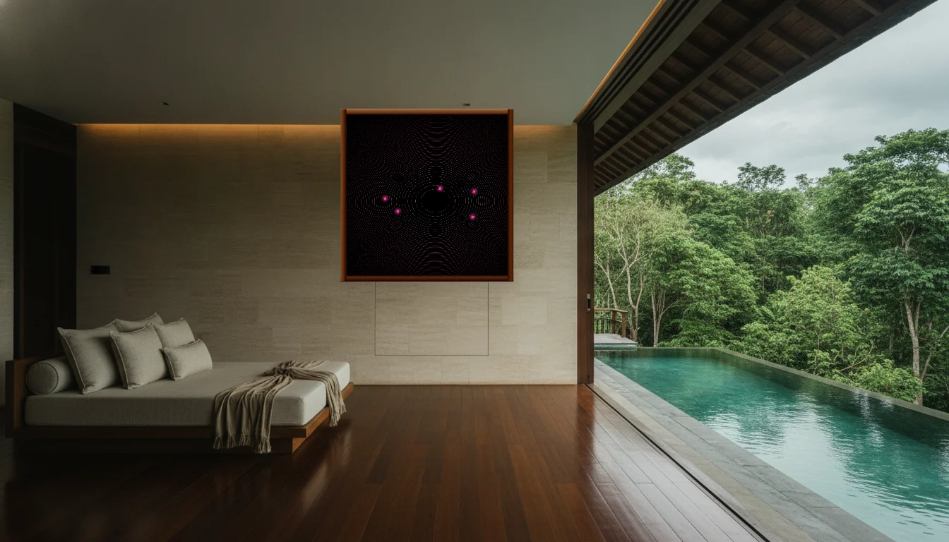 A Lumen & Logic artwork hanging in a Balinese hotel interior — Open-air pavilion · Ubud