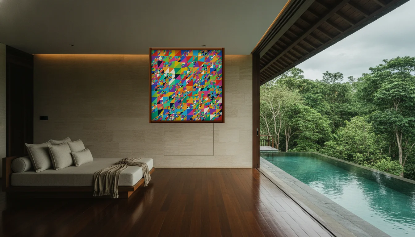 A Lumen & Logic artwork hanging in a Balinese hotel interior — Open-air pavilion · Ubud