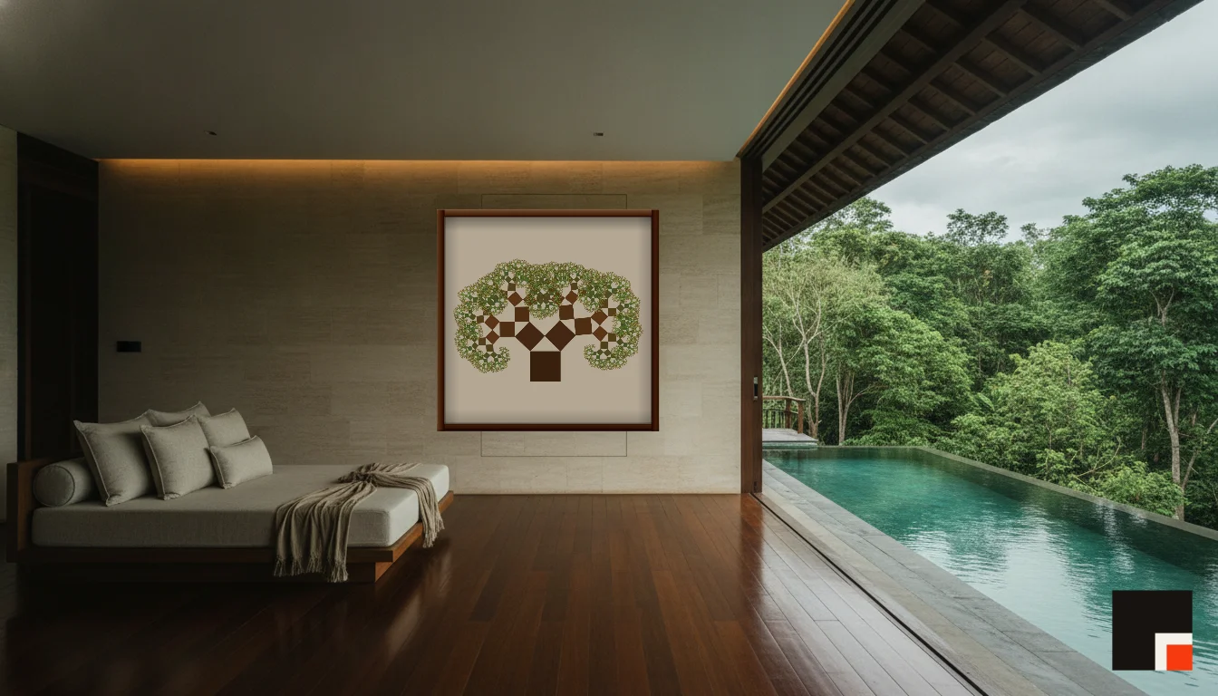A Lumen & Logic artwork hanging in a Balinese hotel interior — Open-air pavilion · Ubud