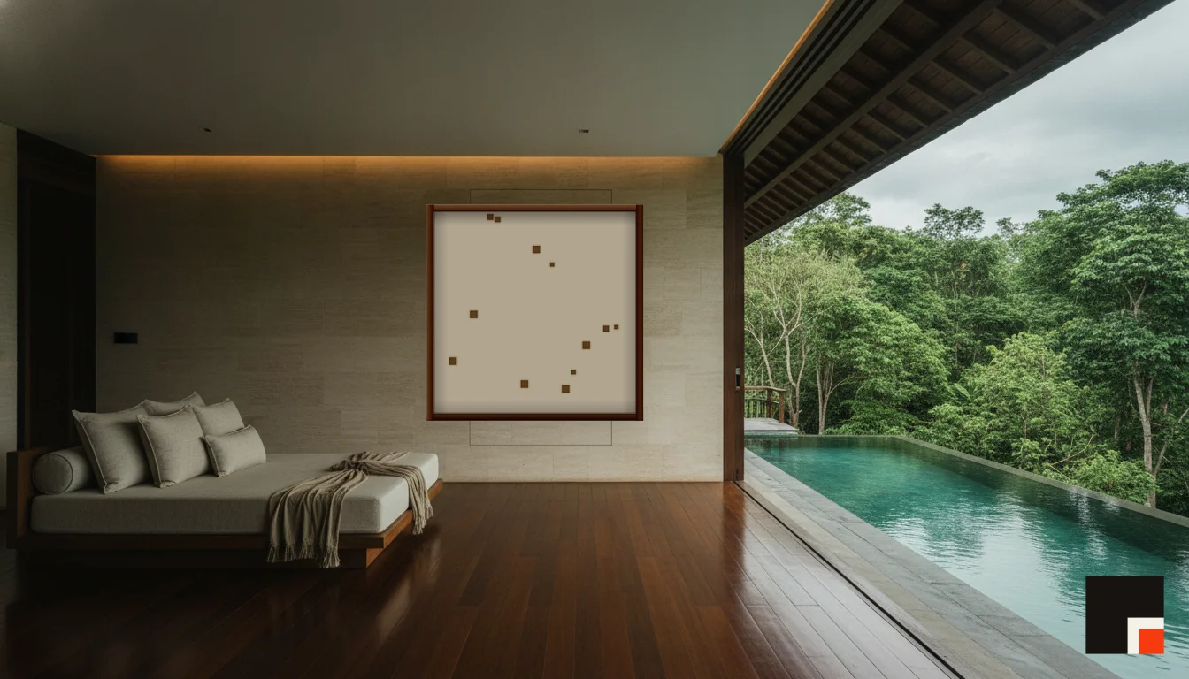 A Lumen & Logic artwork hanging in a Balinese hotel interior — Open-air pavilion · Ubud