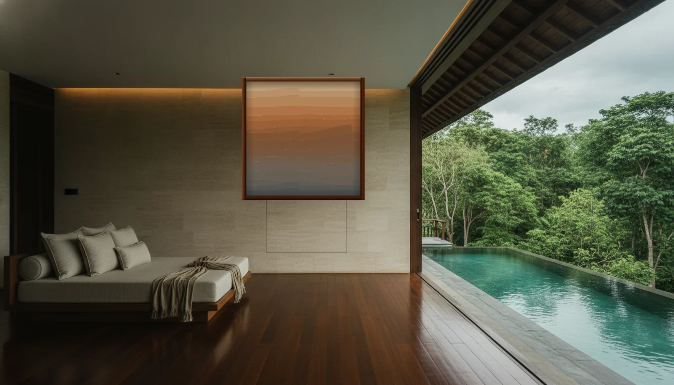 A Lumen & Logic artwork hanging in a Balinese hotel interior — Open-air pavilion · Ubud