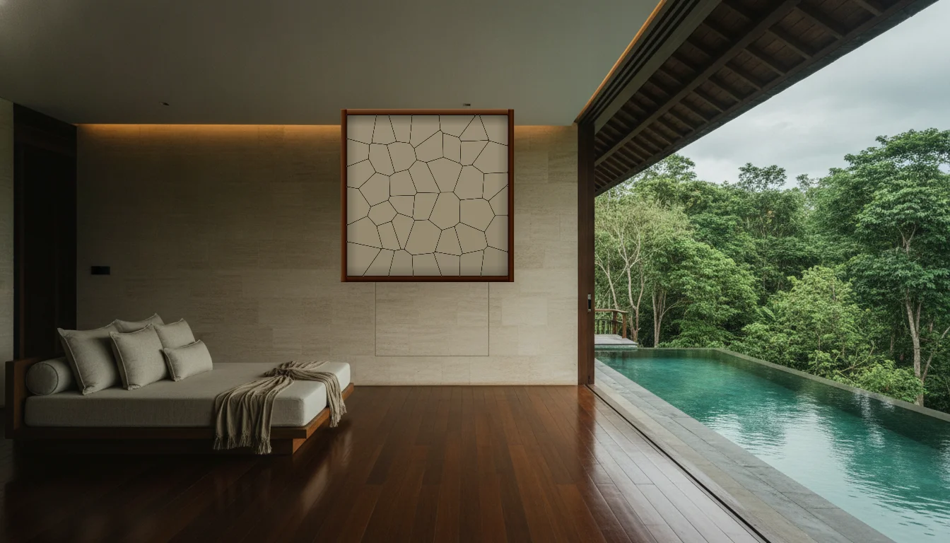 A Lumen & Logic artwork hanging in a Balinese hotel interior — Open-air pavilion · Ubud