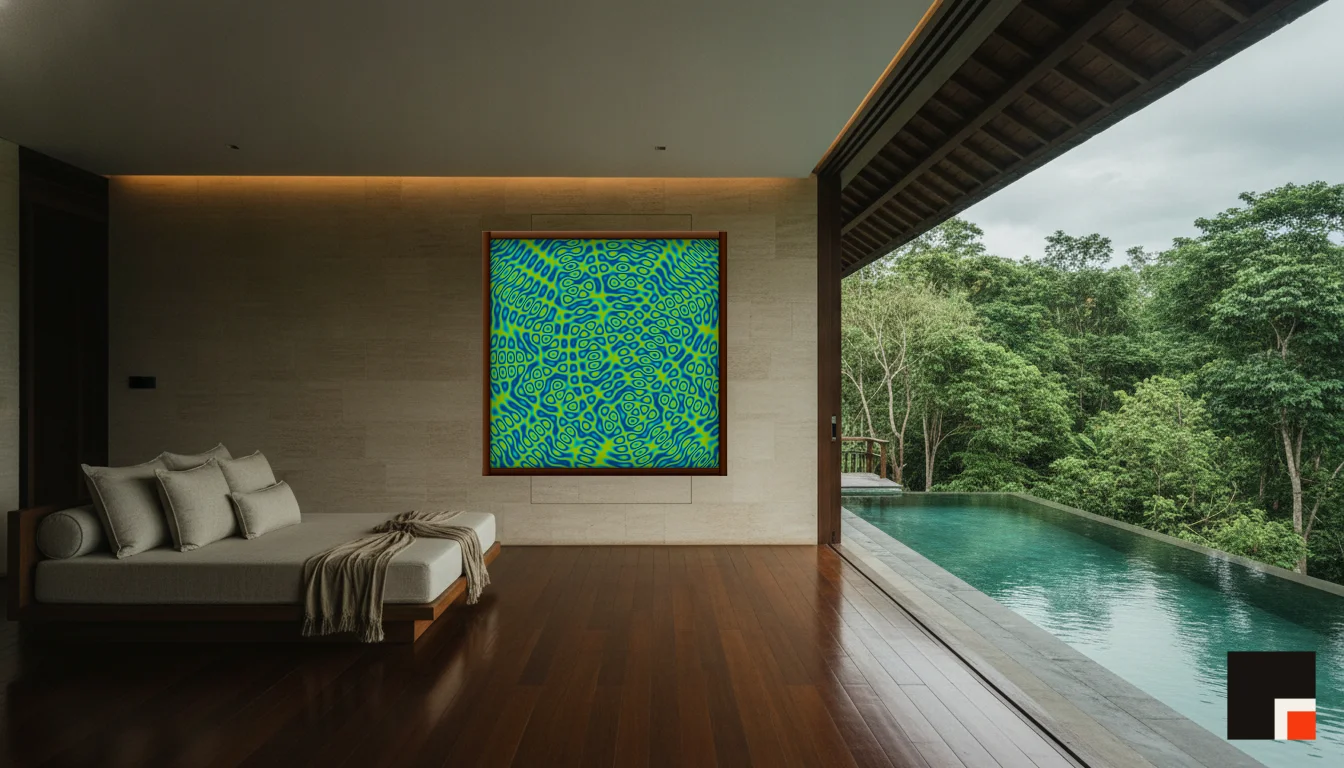 A Lumen & Logic artwork hanging in a Balinese hotel interior — Open-air pavilion · Ubud