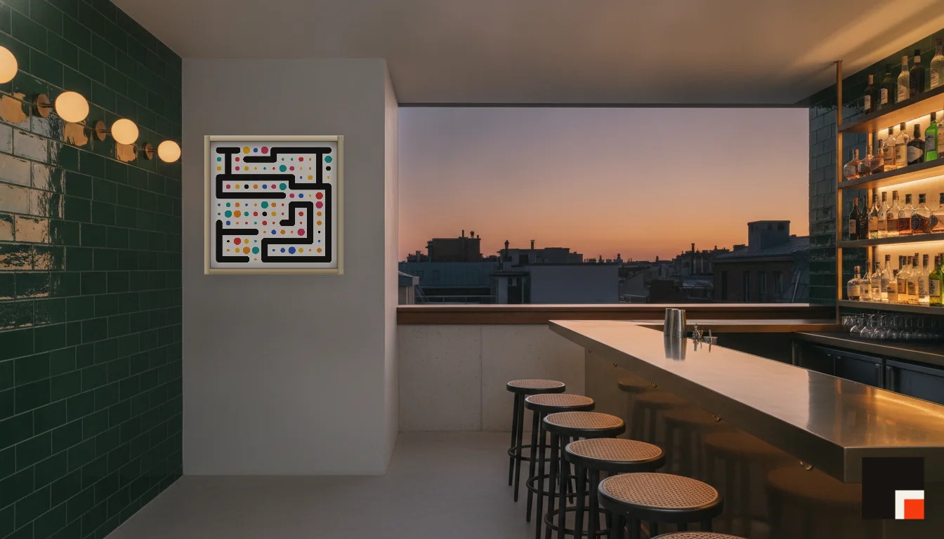 A Lumen & Logic artwork hanging in a Bar hotel interior — Rooftop bar · Lisbon