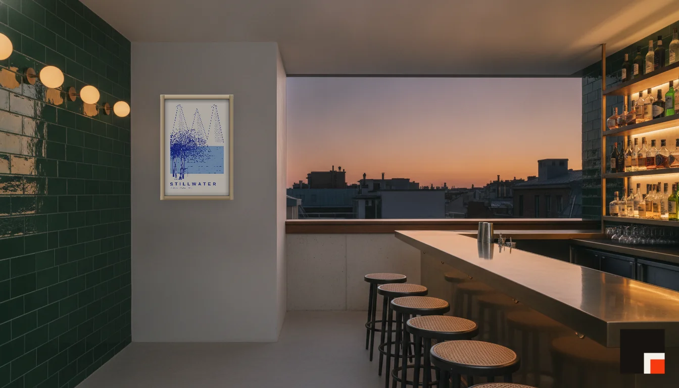 A Lumen & Logic artwork hanging in a Bar hotel interior — Rooftop bar · Lisbon