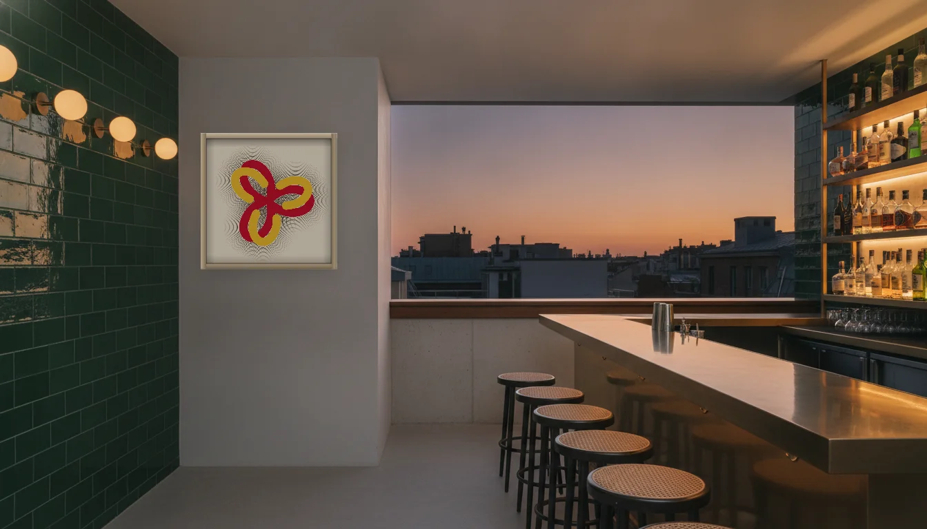 A Lumen & Logic artwork hanging in a Bar hotel interior — Rooftop bar · Lisbon