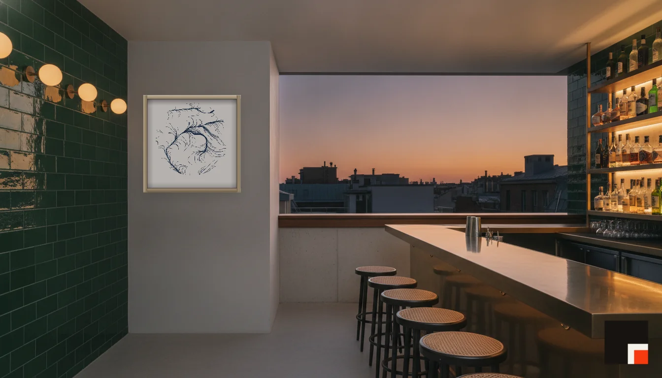 A Lumen & Logic artwork hanging in a Bar hotel interior — Rooftop bar · Lisbon