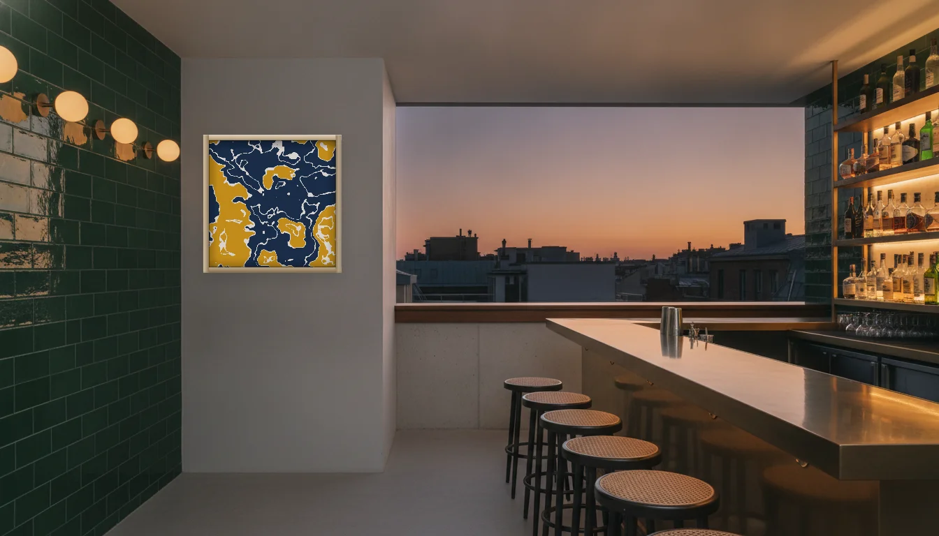 A Lumen & Logic artwork hanging in a Bar hotel interior — Rooftop bar · Lisbon