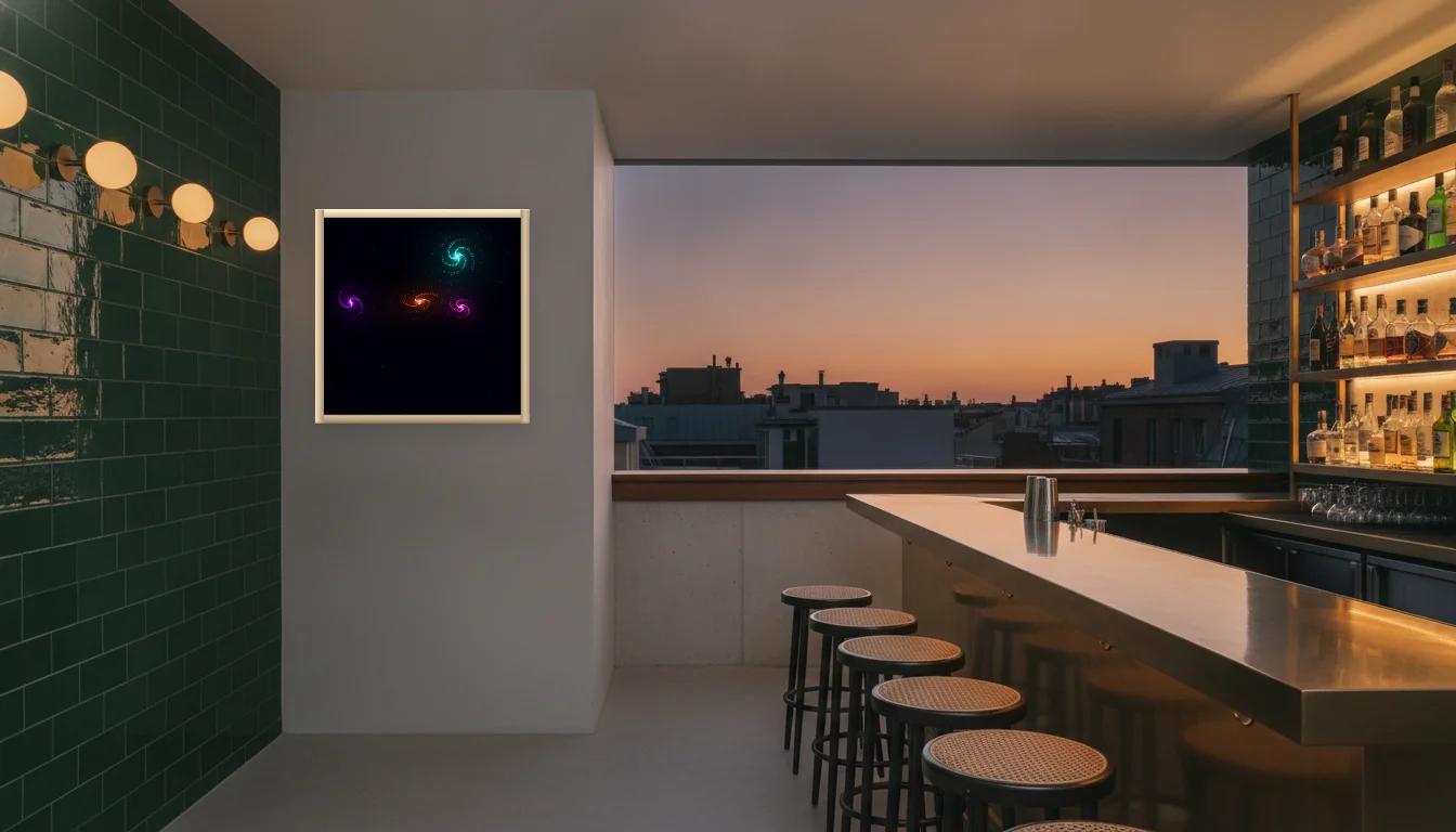 A Lumen & Logic artwork hanging in a Bar hotel interior — Rooftop bar · Lisbon