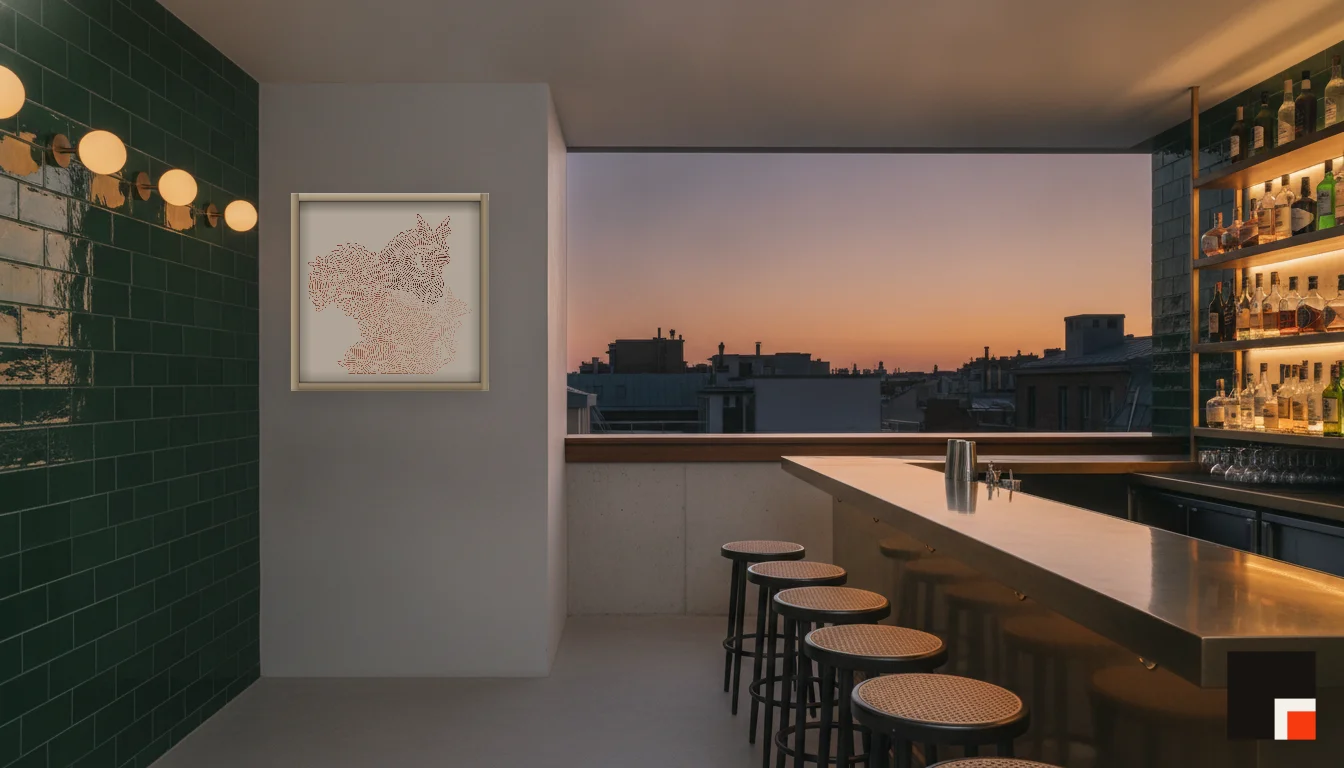 A Lumen & Logic artwork hanging in a Bar hotel interior — Rooftop bar · Lisbon