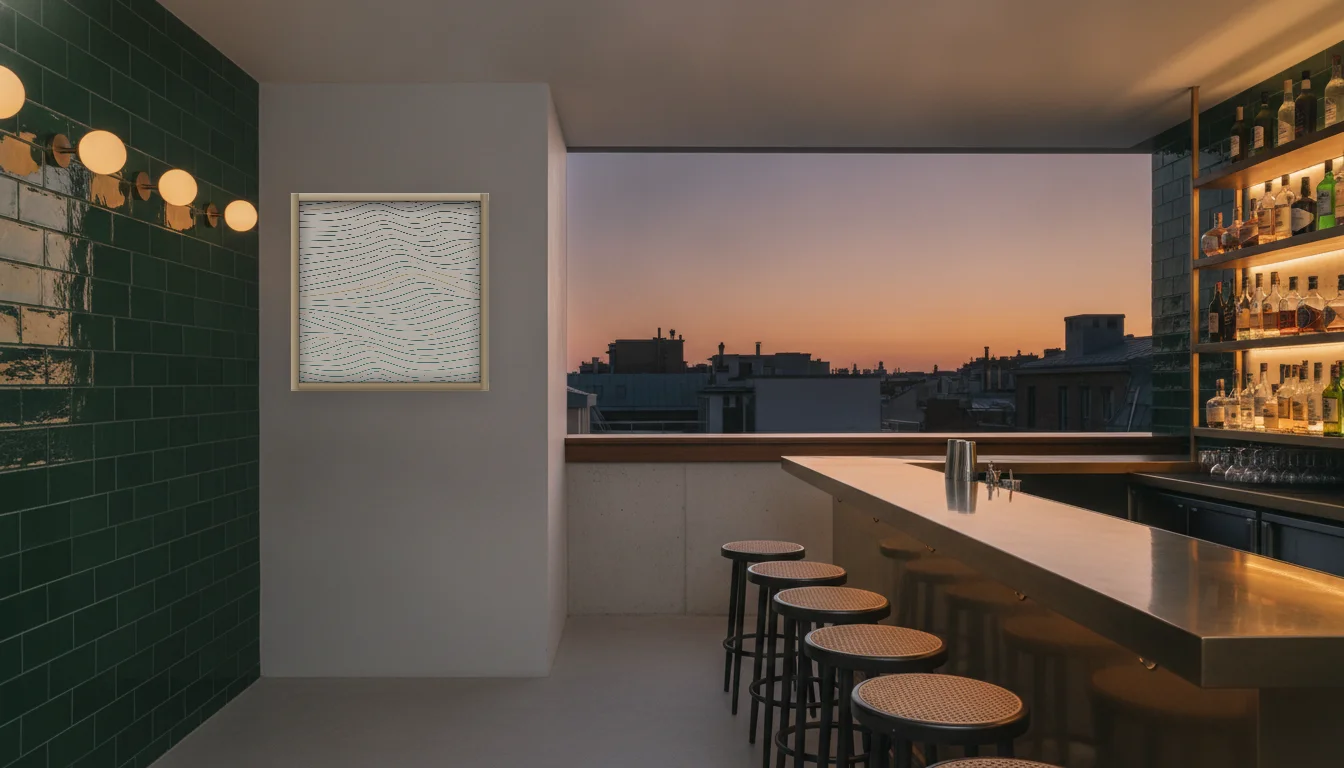 A Lumen & Logic artwork hanging in a Bar hotel interior — Rooftop bar · Lisbon