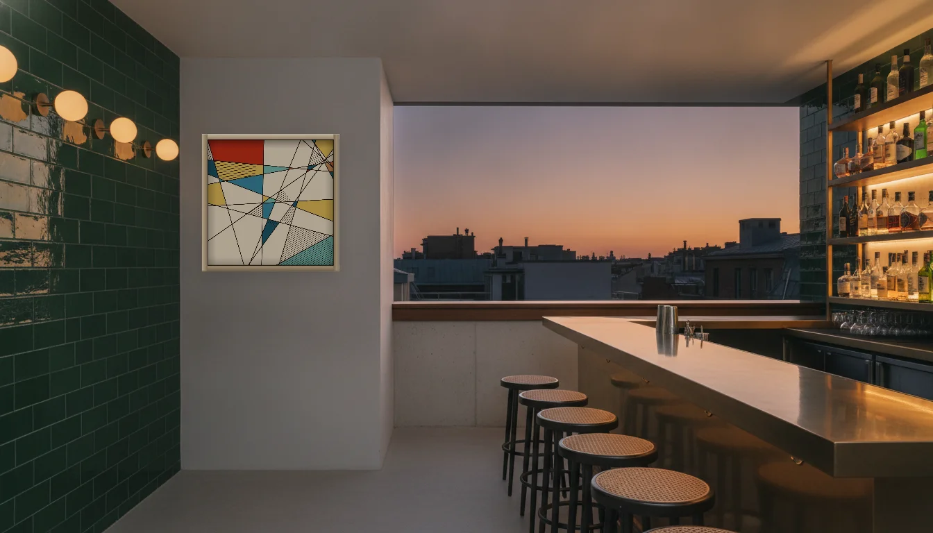 A Lumen & Logic artwork hanging in a Bar hotel interior — Rooftop bar · Lisbon