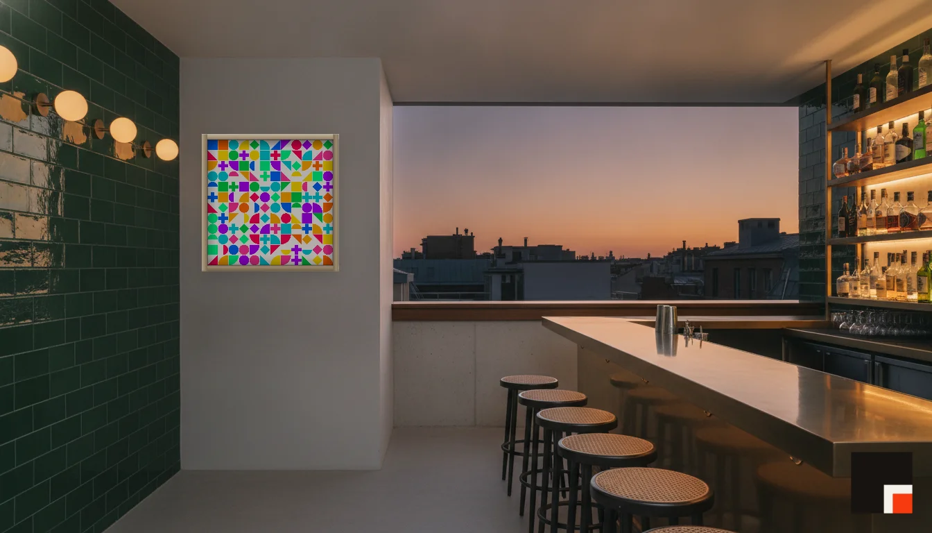 A Lumen & Logic artwork hanging in a Bar hotel interior — Rooftop bar · Lisbon