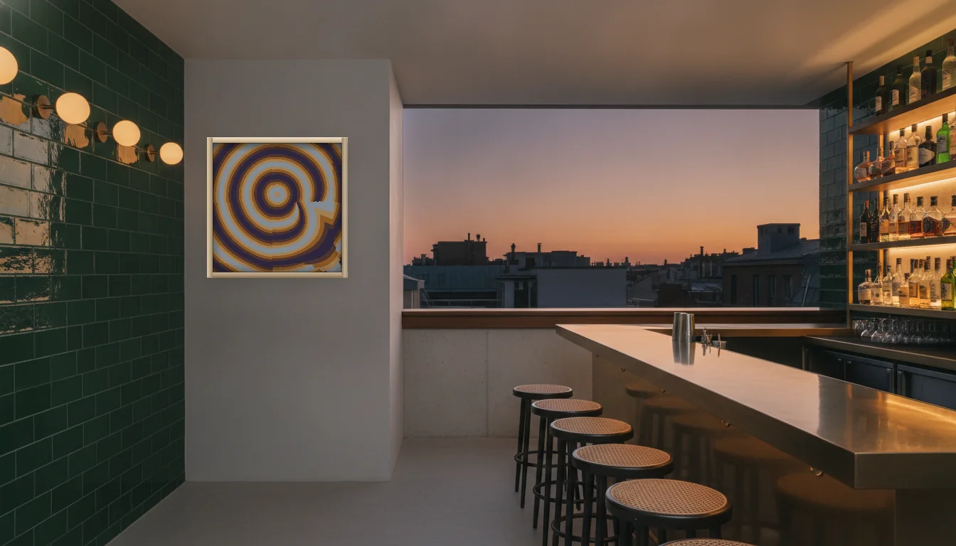 A Lumen & Logic artwork hanging in a Bar hotel interior — Rooftop bar · Lisbon