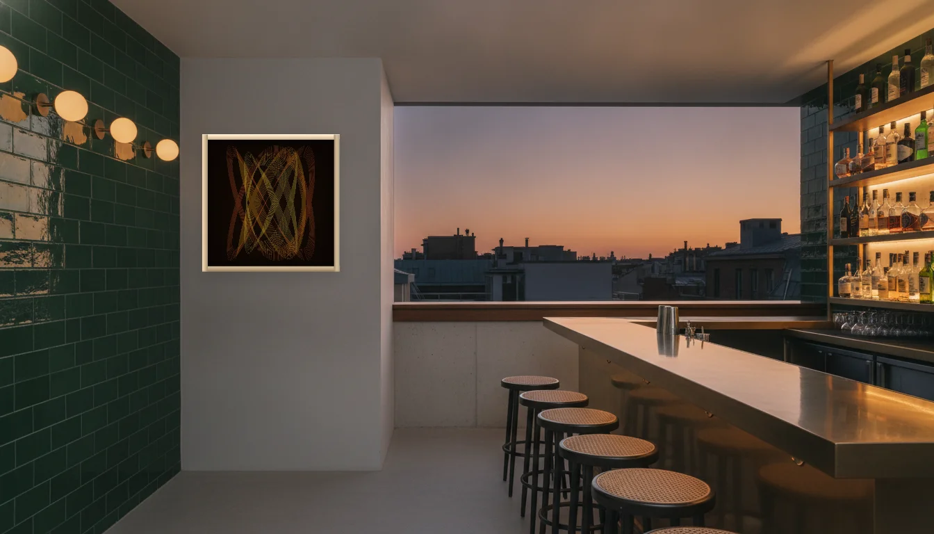A Lumen & Logic artwork hanging in a Bar hotel interior — Rooftop bar · Lisbon