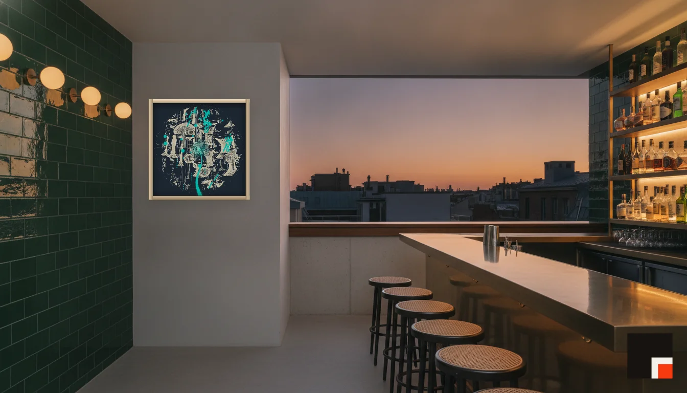 A Lumen & Logic artwork hanging in a Bar hotel interior — Rooftop bar · Lisbon