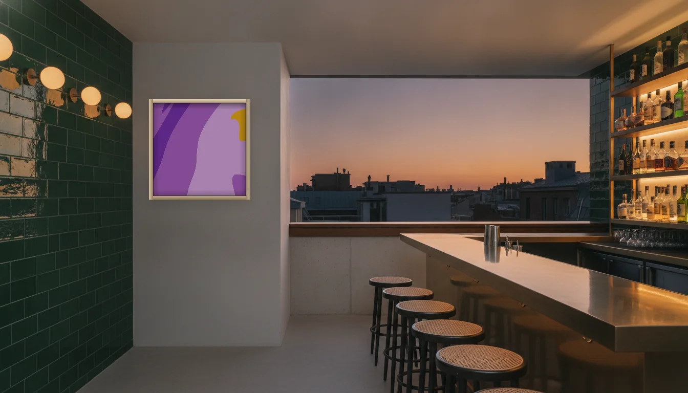 A Lumen & Logic artwork hanging in a Bar hotel interior — Rooftop bar · Lisbon