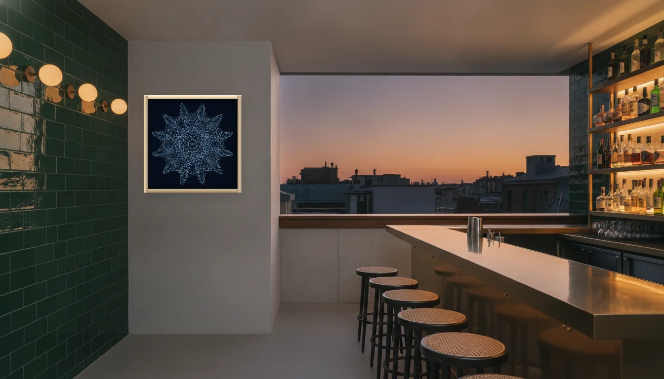 A Lumen & Logic artwork hanging in a Bar hotel interior — Rooftop bar · Lisbon