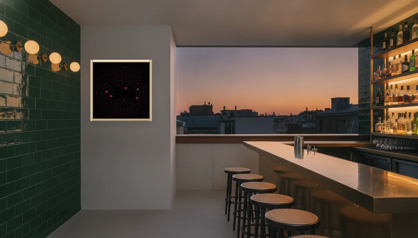 A Lumen & Logic artwork hanging in a Bar hotel interior — Rooftop bar · Lisbon