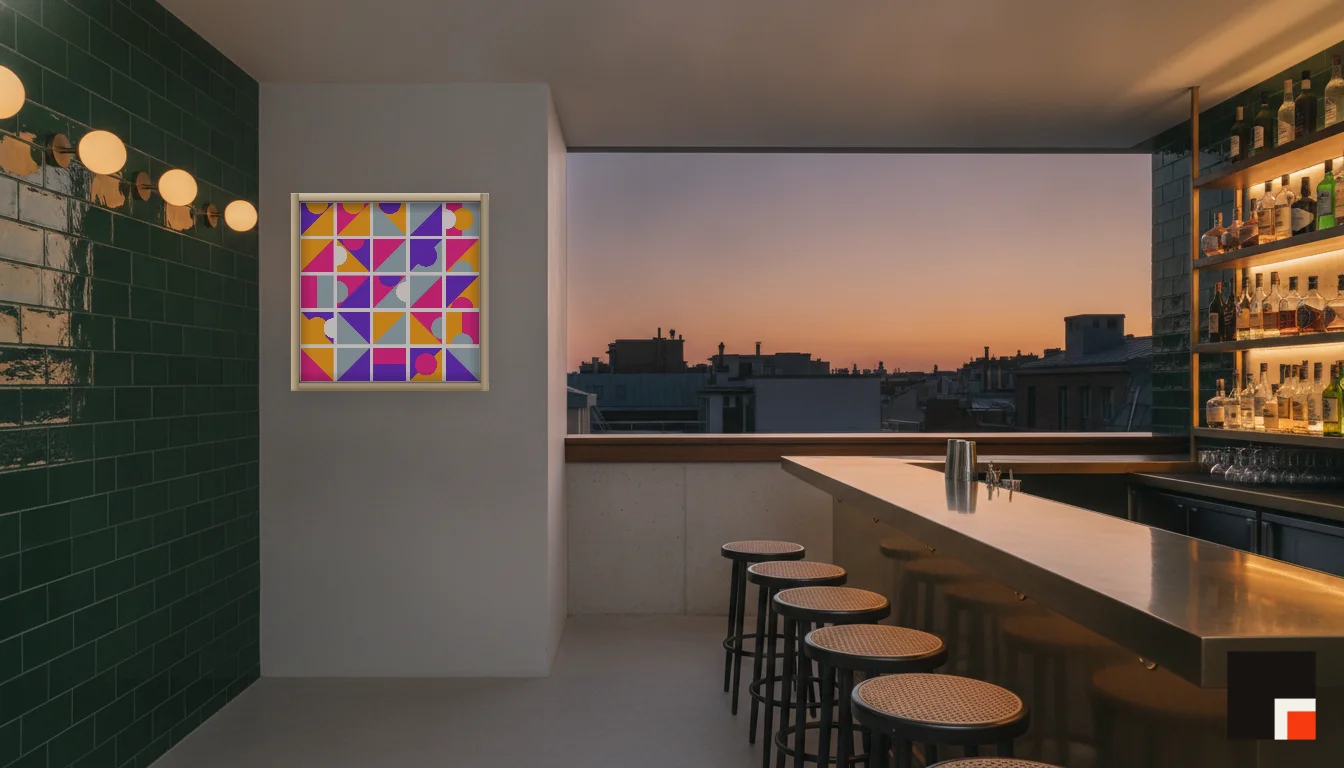 A Lumen & Logic artwork hanging in a Bar hotel interior — Rooftop bar · Lisbon