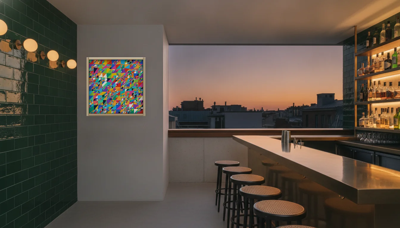 A Lumen & Logic artwork hanging in a Bar hotel interior — Rooftop bar · Lisbon