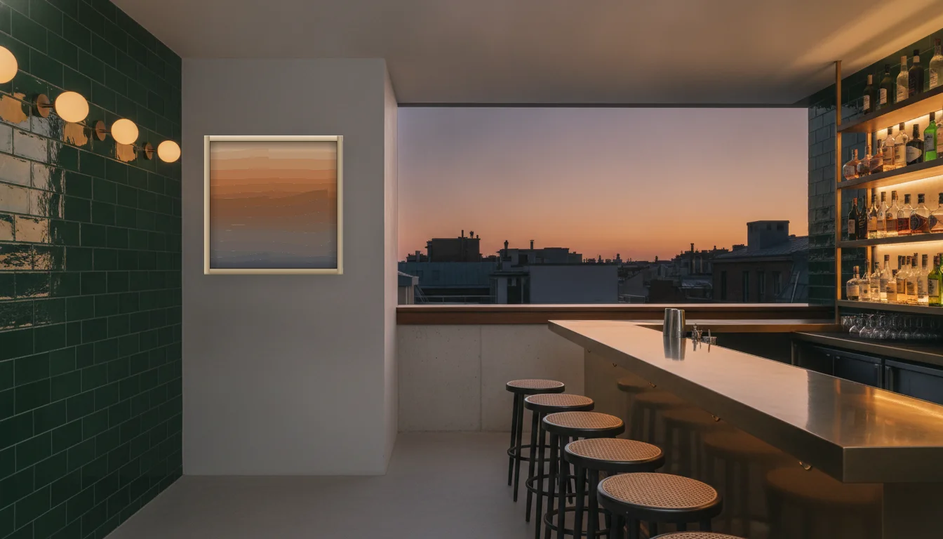 A Lumen & Logic artwork hanging in a Bar hotel interior — Rooftop bar · Lisbon
