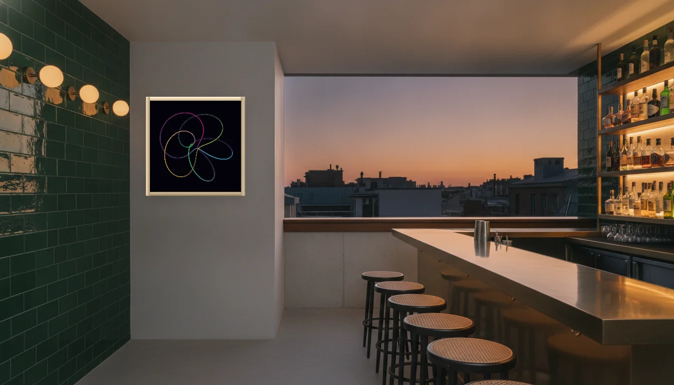 A Lumen & Logic artwork hanging in a Bar hotel interior — Rooftop bar · Lisbon
