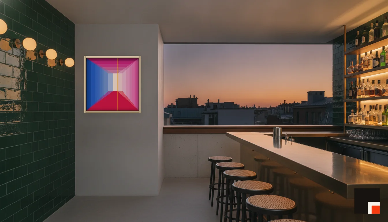 A Lumen & Logic artwork hanging in a Bar hotel interior — Rooftop bar · Lisbon