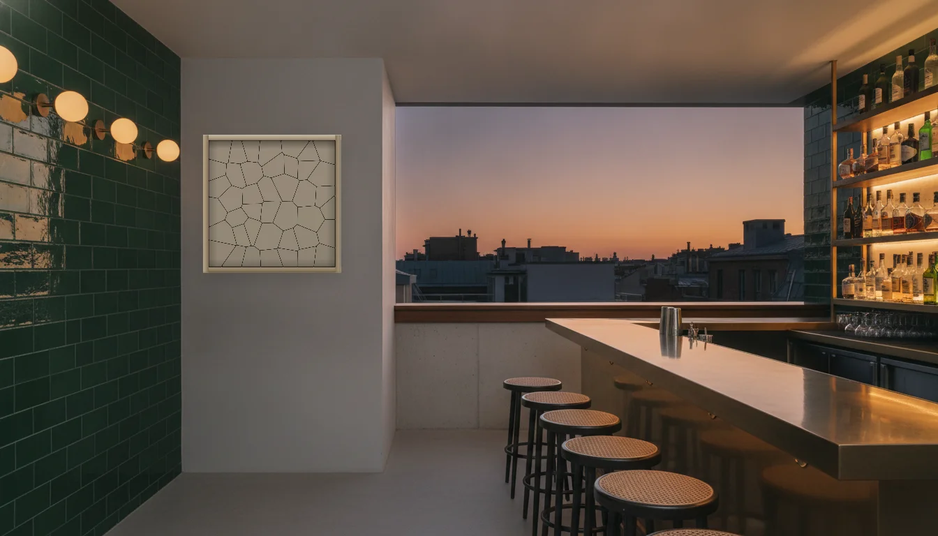 A Lumen & Logic artwork hanging in a Bar hotel interior — Rooftop bar · Lisbon