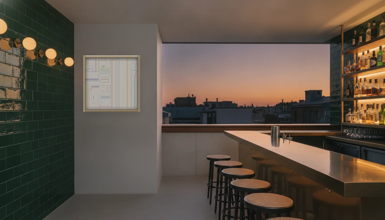 A Lumen & Logic artwork hanging in a Bar hotel interior — Rooftop bar · Lisbon