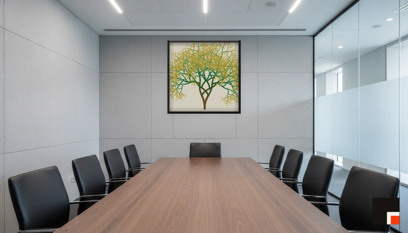 A Lumen & Logic artwork hanging in a Boardroom hotel interior — Meeting room · Frankfurt