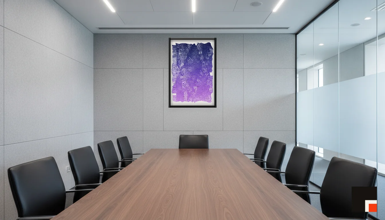 A Lumen & Logic artwork hanging in a Boardroom hotel interior — Meeting room · Frankfurt
