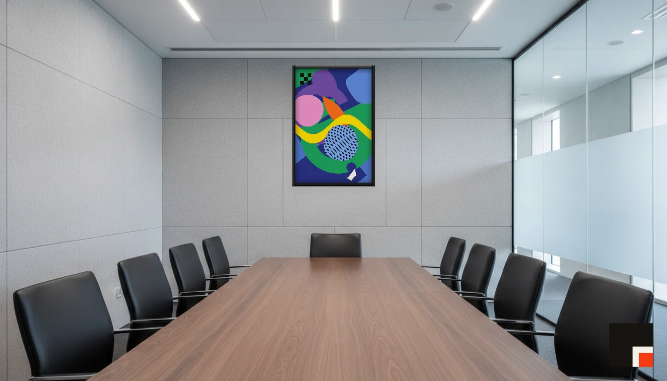 A Lumen & Logic artwork hanging in a Boardroom hotel interior — Meeting room · Frankfurt