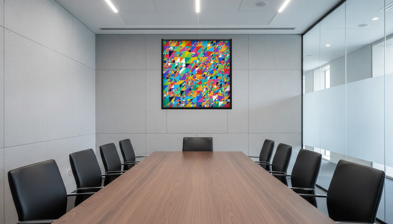 A Lumen & Logic artwork hanging in a Boardroom hotel interior — Meeting room · Frankfurt