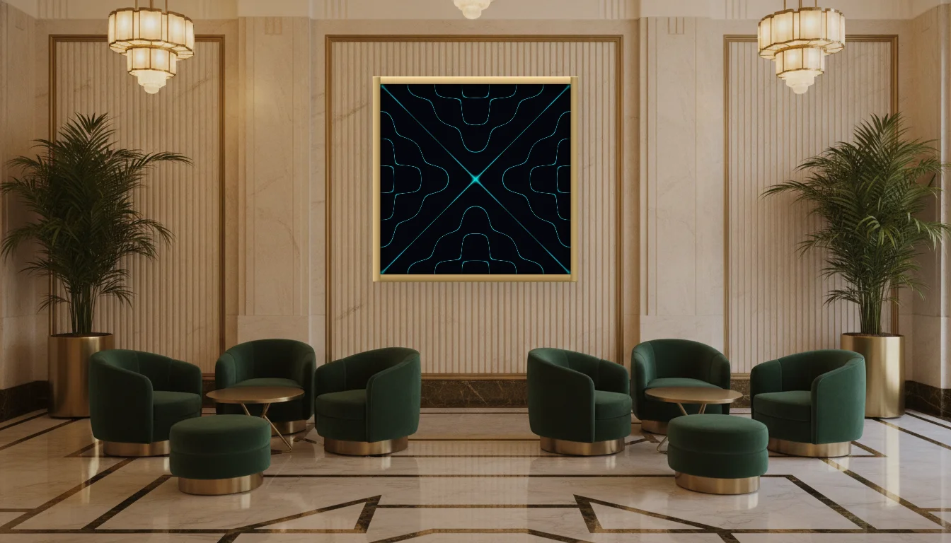 A Lumen & Logic artwork hanging in a Art Deco hotel interior — Lobby lounge · Vienna